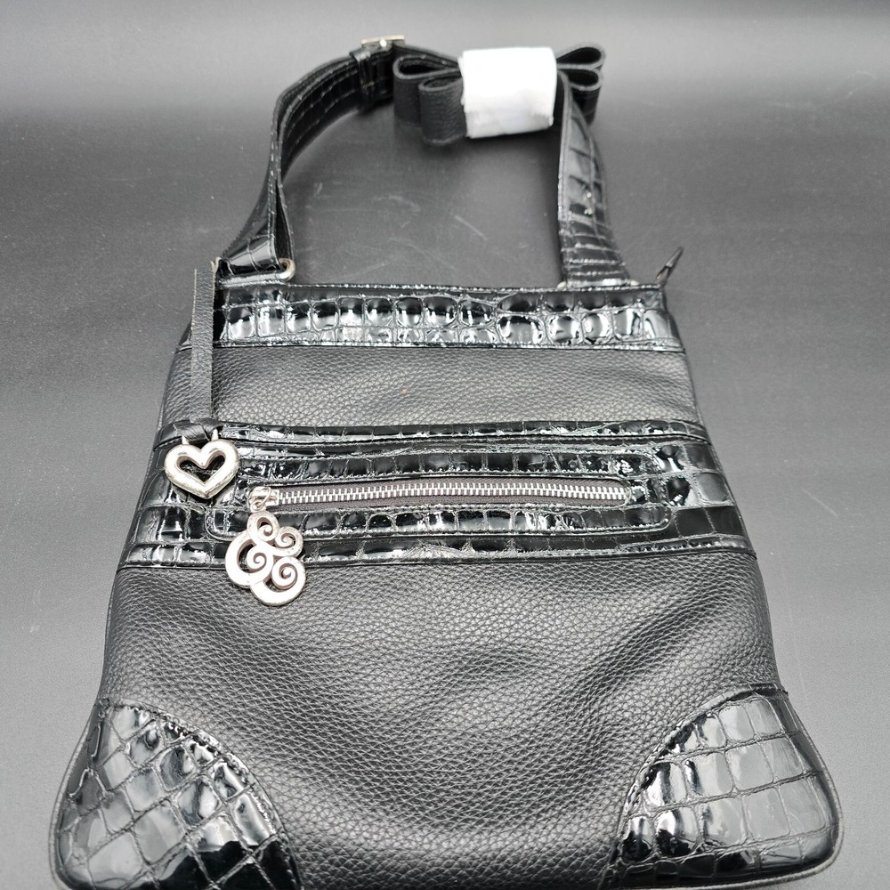 BRIGHTON Crossbody Purse Black Croc Embossed Full Leather Shoulder BAG E395354